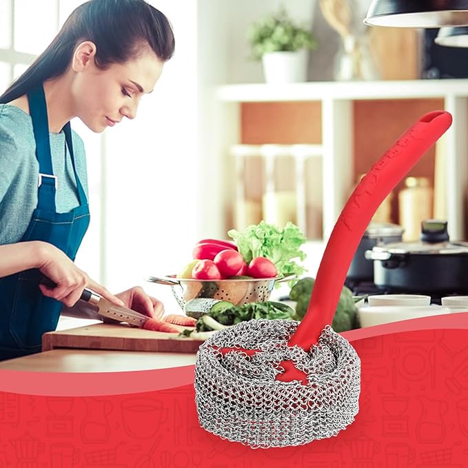 Cast Iron Chainmail Scrubber with Handle (ABS) - Cleaner for Pans and Pots - Premium Stainless Steel/Silicone Scraper for Skillets - Ergonomic Food-Safe Design - Easy to Clean Cookware Dish Brush