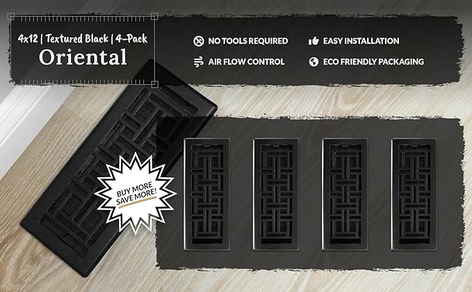 Decor Grates (4-Pack) AJH412-BLK Oriental Floor Register, 4x12 Inches, Textured Black Finish