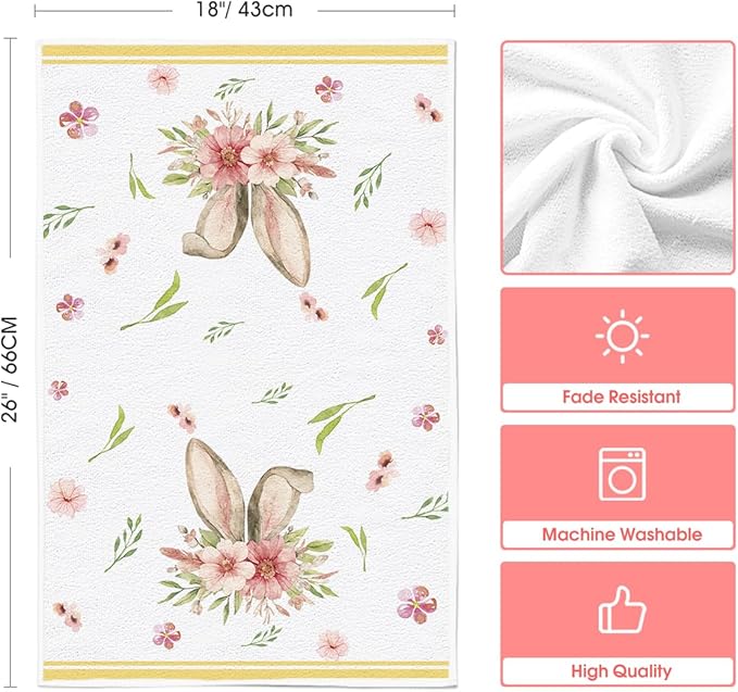 Artoid Mode Yellow Stripe Polka dots Rabbit Bunny Easter Kitchen Towels Dish Towels, 18x26 Inch Seasonal Spring Decoration Cleaning Set of 4