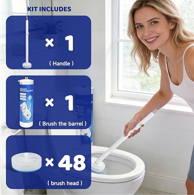 Disposable Toilet Brush Set with 48 Refills for Hygienic Bathroom Cleaning. Toilet Bowl Cleaner Wand Kit Used for Deep Cleaning in Home & Apartment
