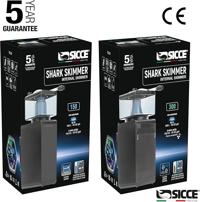 Sicce Shark Nano Protein Skimmer 300 up to 80 Gallon Saltwater Aquariums | Ultra Quiet Pump, Adjustable, Compact, Small Aquarium Marine Reef Tank