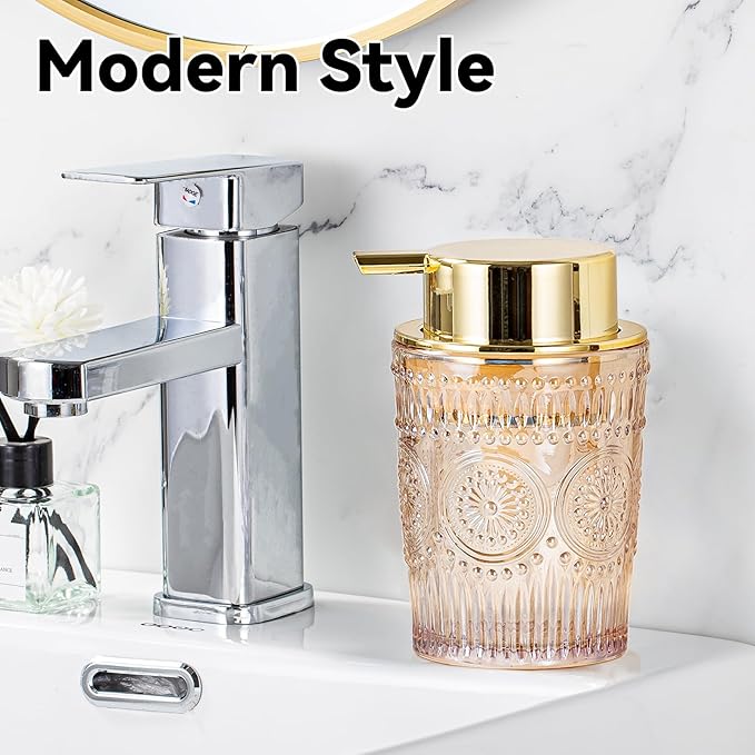 Gold Foaming Soap Dispenser - 7 Oz Amber Glass Foaming Hand Soap Dispenser for Bathroom & Kitchen, Hand Wash Dispenser with Golden Foam Pump, Refillable Dish Soap Foam Dispenser