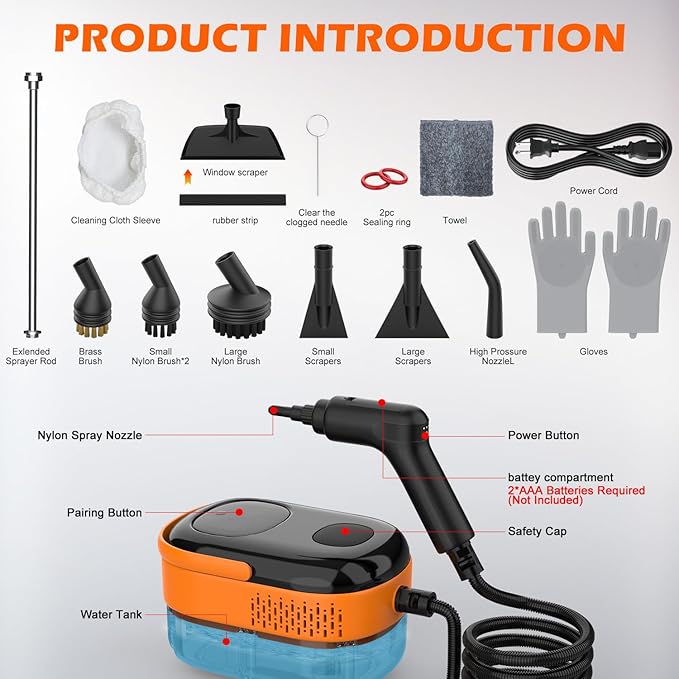 Steam Cleaner for Home & Car-Portable Handheld Steamer for Cleaning with 3-Level Handle, 15s Heat-Up, Large Tank, 16 Accessories - Clean Grease, Grout, Tile, Floor, Couch, Dirt, Furniture