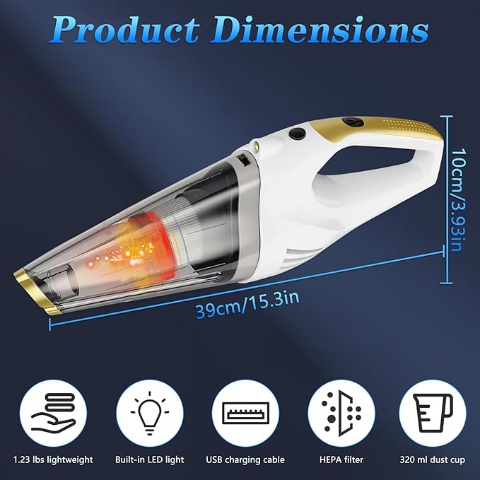 Handheld Vacuum Cordless,Car Vacuum Portable Cordless Rechargeable Hand Vacuum with LED Light, 6kpa Powerful Suction with Three Types of Suction Heads and Filters for Cat/Home/Office Cleaning