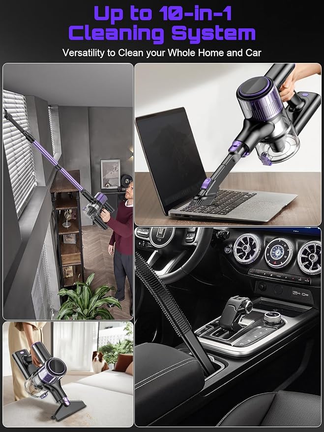Cordless Vacuum Cleaner, 45KPA /10-in-1 Stick Vacuum with 29-inch Hose, 45Mins Runtime Vacuum Cleaners for Home, Anti-Tangle Brush, Lightweight Rechargeable Vacuum for Hardwood Floor Carpets
