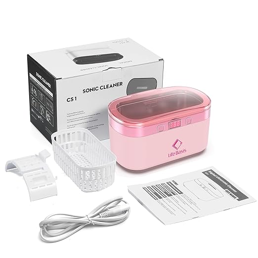 LifeBasis Ultrasonic Jewelry Cleaner, 17 OZ Ultrasonic Cleaner with 42kHz, Portable Jewelry Cleaner with 5 Cleaning Timer and Watch Holder for Jewelry Eyeglasses Watches Gold - Pink