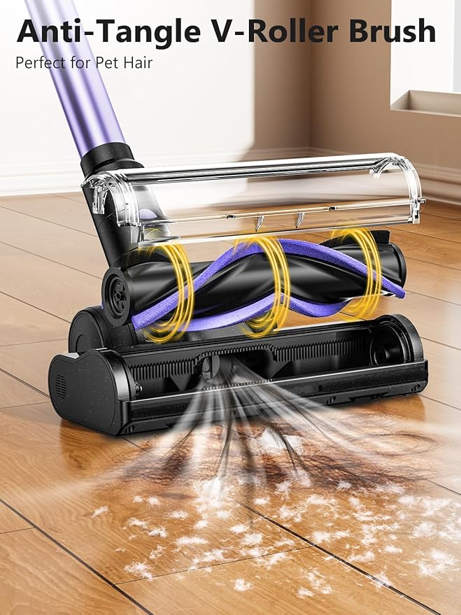 Cordless Vacuum Cleaner, 46KPa/500W Stick Vacuum with 55 Mins Runtime, Self-Standing Vacuum Cleaner for Home, LED Display, Anti-Tangle Brush, Rechargeable Vacuum for Hardwood Floor, Pet Hair (Purple)