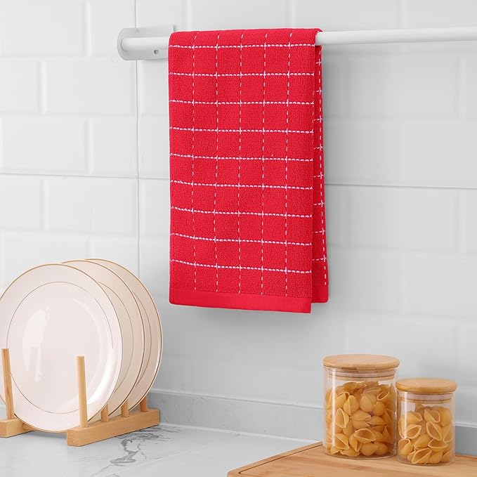 Mordimy 100% Cotton Terry Cloth Kitchen Towels, Super Soft and Absorbent Dish Towels for Drying, Checkered Designed Hand Towels for Kitchen, 16 x 26 Inches, 8 Pack, Red