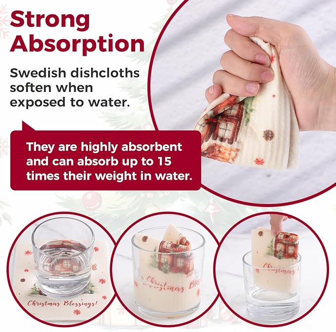 10PCS Swedish Dishcloths for Kitchen, Reusable Dish Rags for Washing Dishes with Clips, Non-Scratch Kitchen Towels and Dishcloths Sets, Washable Swedish Dish Cloths, No Odor(Christmas)