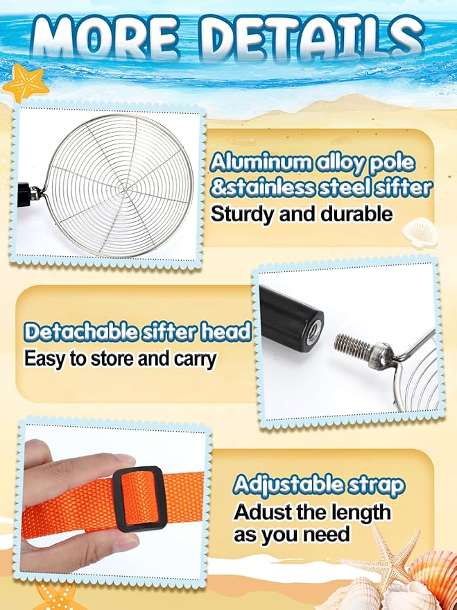 1 Pack Sand Sifter with Seashell Bags - 21.6"~33" Adjustable Shark Tooth Sifter for The Beach Seashell Collecting, Mesh Shovel Scooper with Retractable Handle, Beach Toys for Adults Family Kids