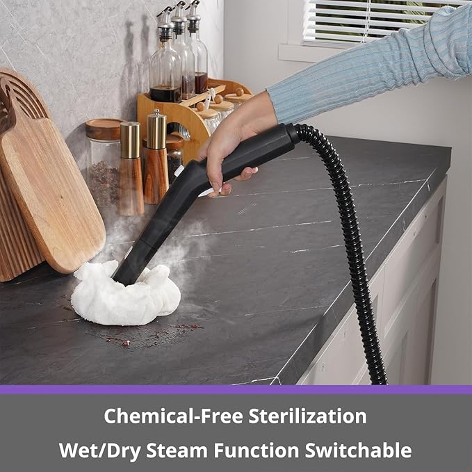 Canister Steam Cleaner: 50-Sec Heat-Up, 0.6 Gal Tank Refill Anytime (Non-Pressurized), 1650W, 60 PSI, 21-Pcs Kit, Dry/Wet Modes, Detachable Hose for Tile Grout Furniture Floor Car Cleaning Gray