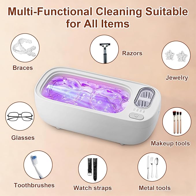 Ultrasonic Jewelry Cleaner,49KHz Professional Ultrasonic Cleaner for Eyeglasses,4 Modes Digital Timer,2 storehouse Ultrasonic jewelry cleaner for Glasses, Retainer, Watch Strap,Dentures