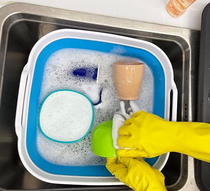 SAMMART 10L (2.64 Gallon) Collapsible Dishpan with Draining Plug - Foldable Washing Basin - Portable Dish Washing Tub - Space Saving Kitchen Storage Tray (White/Aqua Blue/White)