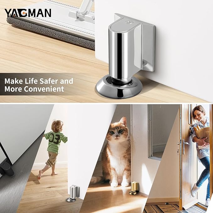 3 Pack Magnetic Door Stopper, Magnet Floor Door Stop Retractable, Door Magnetic Catch, Door Holder to Keep Door Open, No Drilling Mount with Adhesive, Polished Chrome PC-3