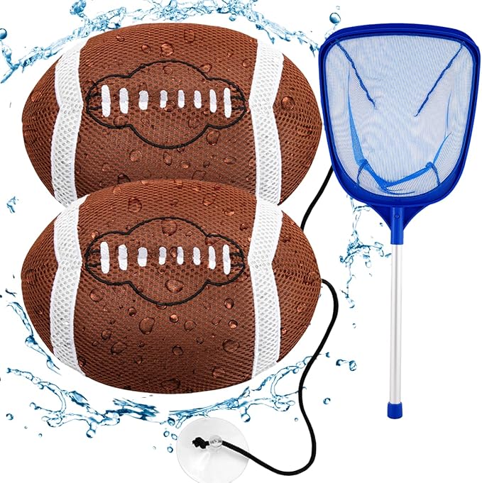 Hot Tub Scum Absorber Football ScumGuard Mesh - 2-Pack Oil & Scum Absorber for Spa, Hot Tub & Pool - Keeps Water Clear & Filters Protected - Includes Pool Net Skimmer & 2 Washable Football Absorbers