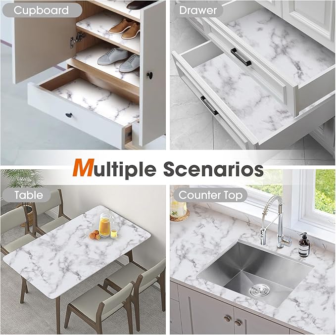 Drawer and Shelf Liner, Non-Slip Kitchen Cabinet Liners Non-Adhesive Thick Strong Grip Waterproof Washable Mats Protect Dresser Shelves Cupboard Bathroom Cabinets, White Marble, 24 in X 30 FT