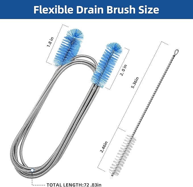 Flexible Drain Brush, 73 Inch Long Double Ended Hose Pipe Cleaners and 4 Pack 8 Inch Straw Cleaner Brush, Pipe Cleaner Brush for Cleaning, 2 Pack 73 Inch Long Tube Cleaning Brush
