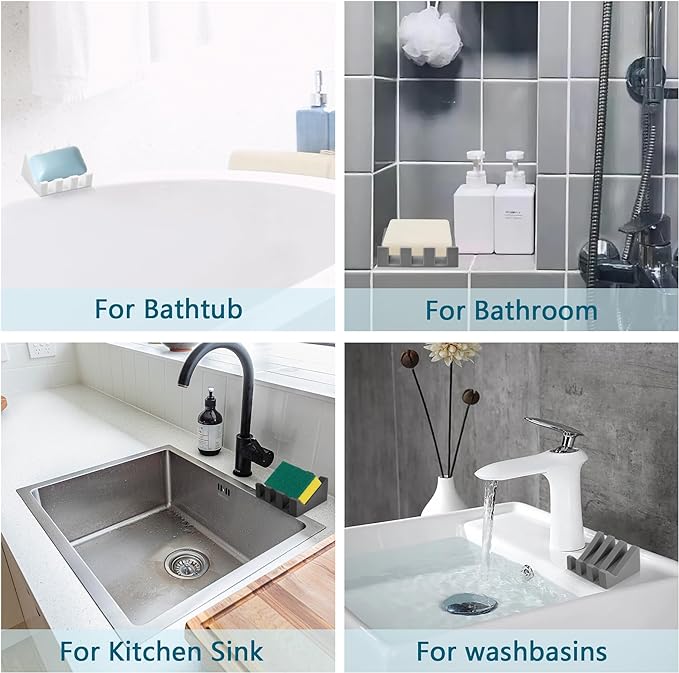 Self Draining Soap Dish Holder,Silicone Soap Dish,for Bathroom,Kitchen, Sponges,Can Extend Soap Life,Keep Soap Bars Dry and Easy Cleaning (Light Grey,2-Pack)