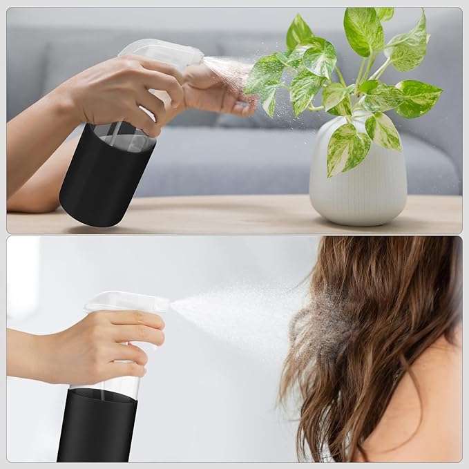 2 Pack Glass Spray Bottles with Long Silicone Sleeve, 16 oz Empty Refillable Containers with Adjustable Spray Nozzles, Spray Bottles for Hair, Cleaning Solutions and Plants 2 Pack Black
