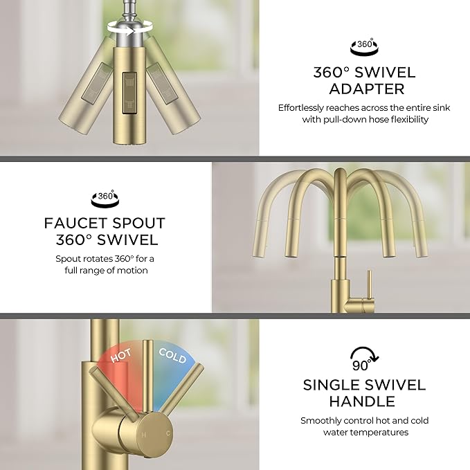 FORIOUS Kitchen Faucet with Soap Dispenser, Modern Brushed Gold, Single Handle High Arc Stainless Steel Kitchen Sink Faucet with Pull Down Sprayer, 1 or 3 Hole Deck Mount for RV, Laundry, Outdoor