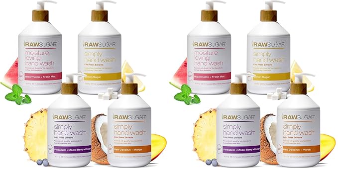 RAW SUGAR Hand Wash Variety Bundle - Lemon Sugar, Watermelon + Fresh Mint, Pineapple + Maqui Berry + Coconut & Raw Coconut + Mango, Formulated without Sulfates & Parabens (16.9 fl. oz, Pack of 8)