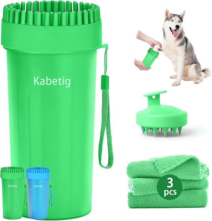 Dog Paw Cleaner Kit - Green, for L/XL Dogs, Quick Clean No Full Bath, 5-in-1 Bath Grooming Kit, Exclusive Cup-Mounted Brush Head, Grip Silicone Brush, 3 Absorbent Towels, Fits Lab