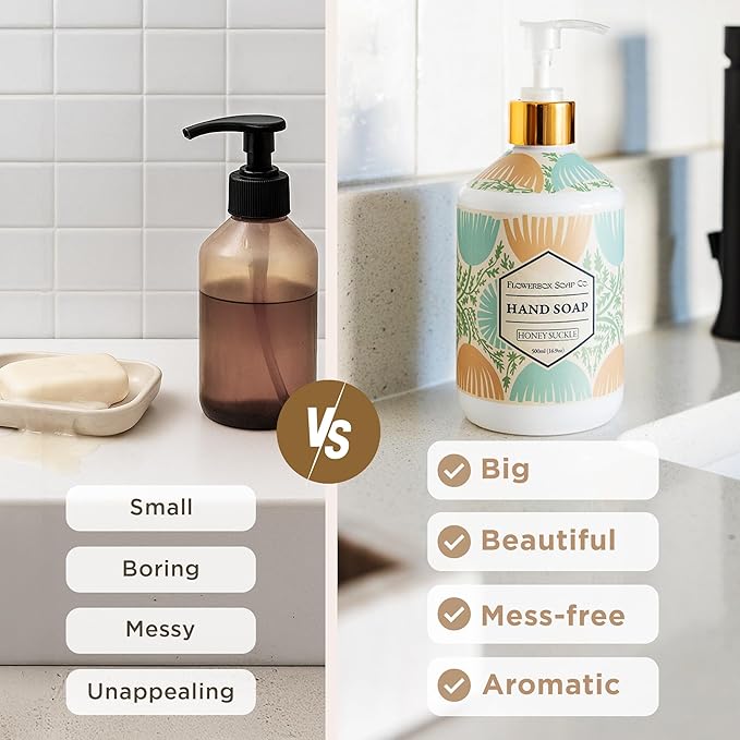 FlowerBox Liquid Hand Soap with Pump – Set of 4 Scented, Decorative Hand Soap Dispensers for Bathroom and Kitchen – 500 mL Luxury Floral Mosaic Bottles, Gift Pack