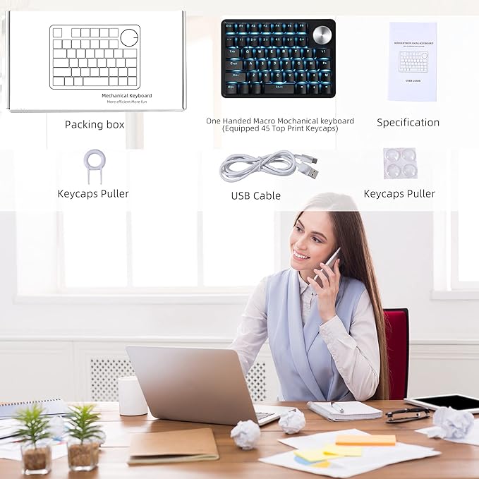 Koolertron One Handed Mechanical Gaming Keyboard with 24 Macro Keys, 45-Key Fully Programmable Mini Keypad, Mini USB Macro Keyboard with Rotating Knob, Blue Backlit, for Windows PC Gamers
