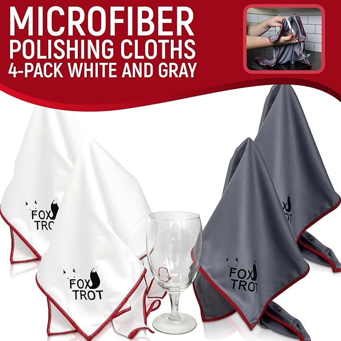 Fox Trot Large Microfiber Polishing Cloths (4 Pack White | Gray) | Streak Free, Lint Free Shine and Clarity for Wine Glasses, Stemware and More