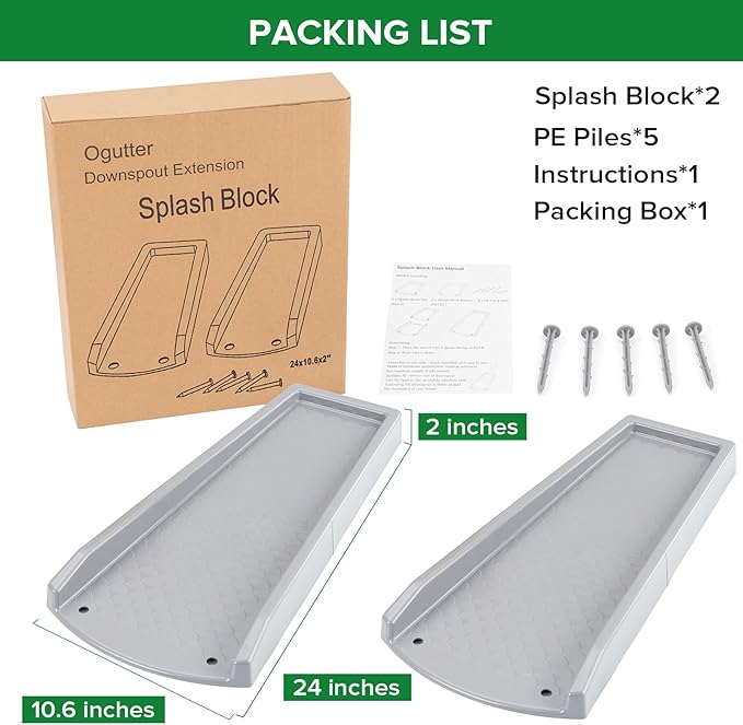 Splash Blocks for Gutters Downspouts, 24" Downspout Extensions for Rain Water Drainage, Thickened Gutter Splash Guard with Fixing Piles(2 Pack, Gray)