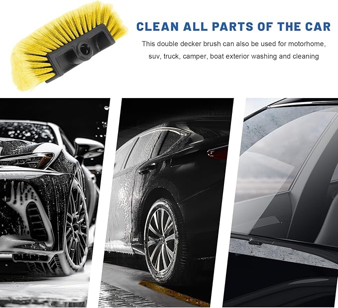 10" Car Wash Brush Head, Flow-Thru Cleaning Brush Head with Soft Detailing Bristles, Scratch Free Washing Scrub Brushes Replacement for 3/4-Inch Threaded Poles, Car Accessories (Yellow)