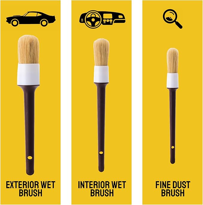 Car Detailing Brush Set 3-pc - Scratch-Free Boars Hair for Interior and Exterior Work - Pro Quality Car Cleaning Brush Kit for Leather Seats, Dashboards, Wheels, Grills and Paint