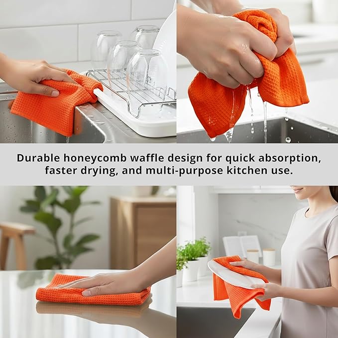 PurpleEssences Waffle Weave Kitchen Towel, 100% Cotton - 15x25 Inches, with Hanging Loop Ultra Soft Absorbent Quick Drying Dish Cloth, Tea and Hand Towels, 6 Pack - Christmas Holiday Winter - Orange