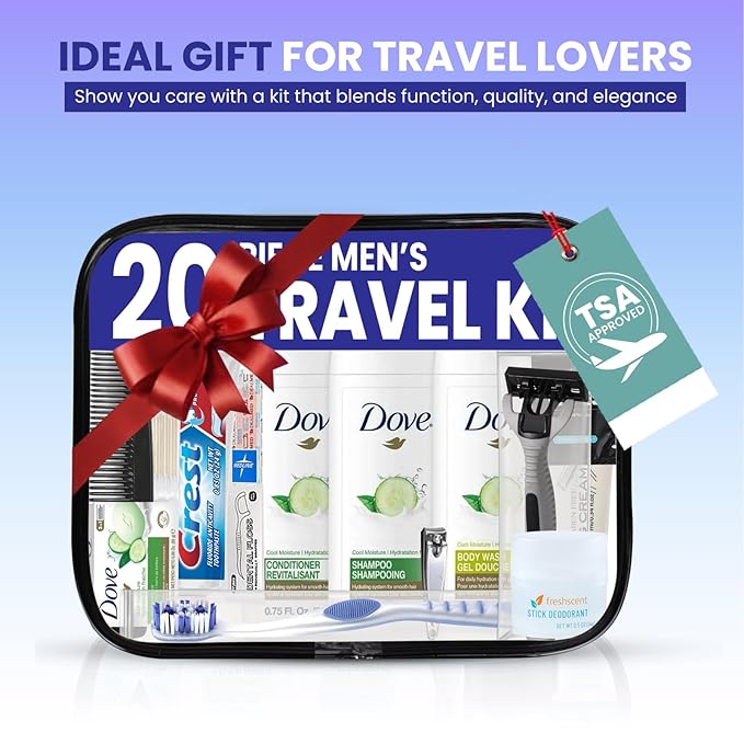 TrekTote 20 Piece Unisex Travel Hygiene Kit with Toiletries & Personal Care Essentials, TSA-Compliant, Individual and Bulk Packs Available