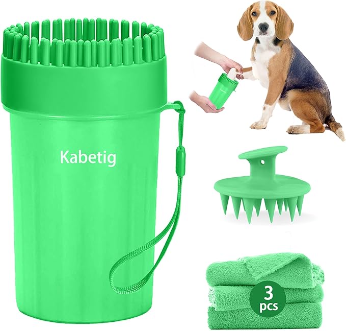 Quick Clean Dog Paw Cleaner 5-in-1 Kit, Green (Medium) - No Full Bath Needed, Post-Walk Paw Clean - with Silicone Bath Brush, 3 Microfiber Towels - Fits Corgi 1.2-2.5 In (3.05-6.35 cm)