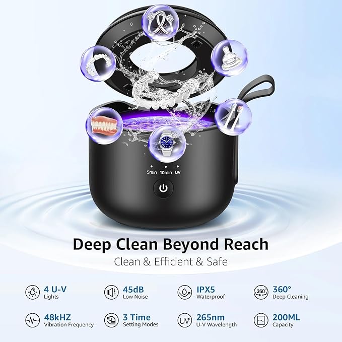 Ultrasonic Cleaner, 48kHz Rechargeable Cordless Jewelry Denture Cleaner Machine, 200ML Cleaning Pod for Jewelry, Rings, Glasses, Mouth Guard, Waterproof UV Cleaner with Digital Timer