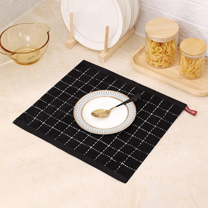Mordimy 100% Cotton Terry Cloth Dish Cloths, Soft and Absorbent Checkered Dish Towels, Quick Drying Dish Rags for Washing Dishes, 6 Pack, 12 x 12 Inches, Black