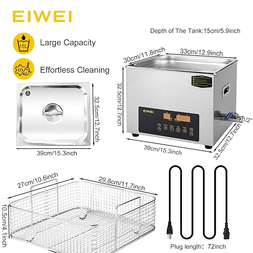 15L Ultrasonic Cleaner Dual-Frequency Professional Digital Stainless Steel Cleaning Machine with Heater Timer for Carburetor, Parts, Circuit Board, Glasses, Denture, Jewelry