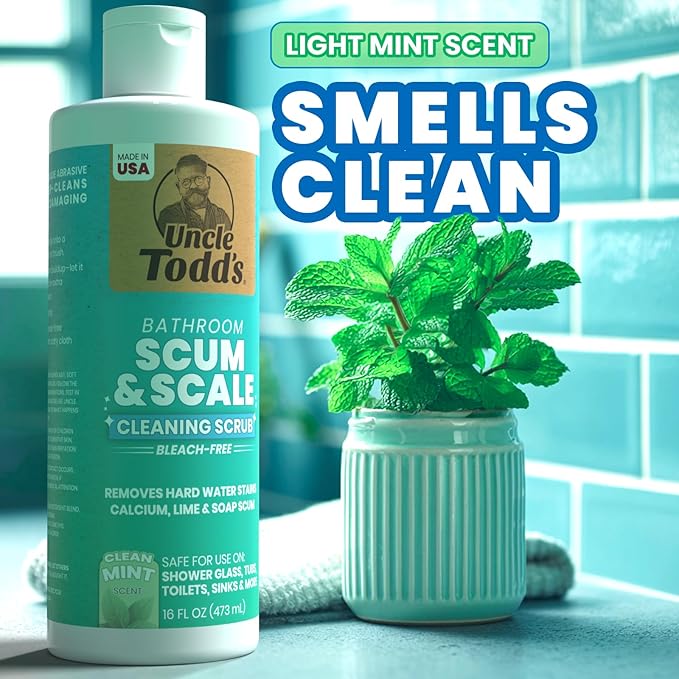 Uncle Todd's Scum & Scale Bathroom Cleaner Hard Water Stain & Soap Scum Remover – Bleach-Free, Heavy Duty Calcium Lime Rust Cleaner for Shower, Glass, Toilet, Tub & Sink – 16oz