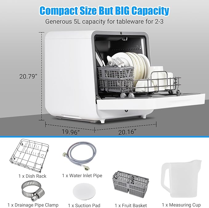 Countertop Dishwasher, Portable Dishwasher with 5 Wash Programs, Touch Control, Air-Dry, Dual Water Supply, Tabletop Dishwasher for Home, Apartments, 20.16"x19.96"x20.79", White