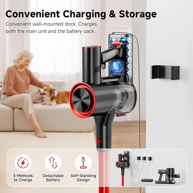 Cordless Stick Vacuum Cleaner, 38Kpa Powerful Suction Vacuum Cleaner with LED Headlight, Detachable Battery, 8-in-1 Lightweight Handheld Vacuums for Pet Hair Carpet and Hardwood Floor, Red