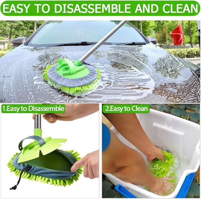 47.5" Car Wash Brush Mop Cleaning Tool with Long Handle Kit for Washing Detailing Cars Truck, SUV, RV, Trailer, Boat 2 in 1 Chenille Microfiber Sponge Duster Not Hurt Paint Scratch Free