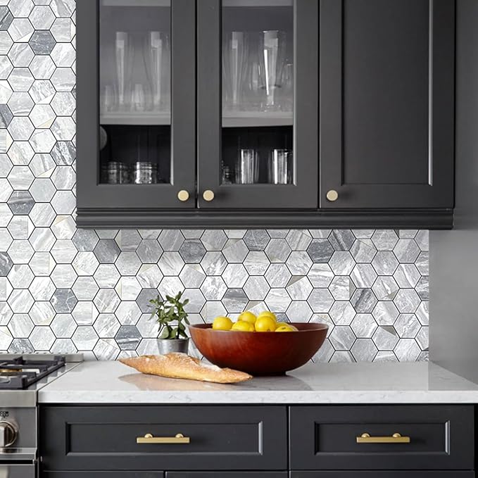 DICOFUN 10-Sheet Hexagon Tile Peel and Stick Backsplash, Grey Marble Look PVC Mixed Silver Metal Mosaic Tiles for Kitchen and Bathroom