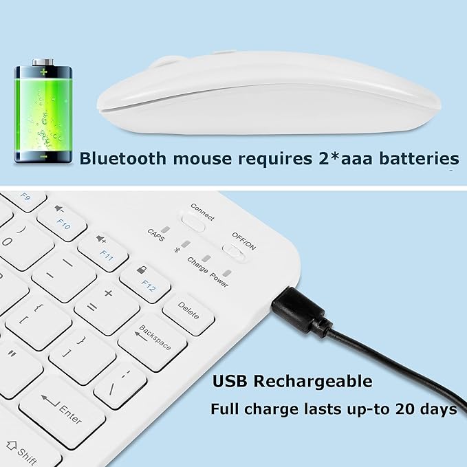 Bluetooth Wireless Keyboard and Mouse Combo,Ultra-Slim Ergonomic Small Rechargeable Bluetooth Keyboard Mouse Set for Apple iPad iPhone Samsung Tablet Phone Android PC Computer Mac Smartphone(White)
