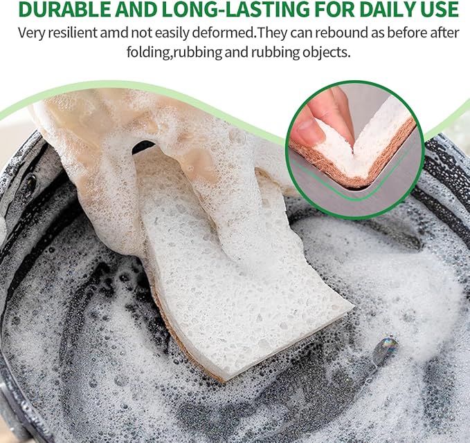 Sponges Kitchen Natural Dish Sponge Plant-Based Biodegradable Compostable Cellulose with Coconut Scrubber Sponge Non Scratch Eco Friendly Kitchen sponges for Kitchen Dishes(Pack of 16)