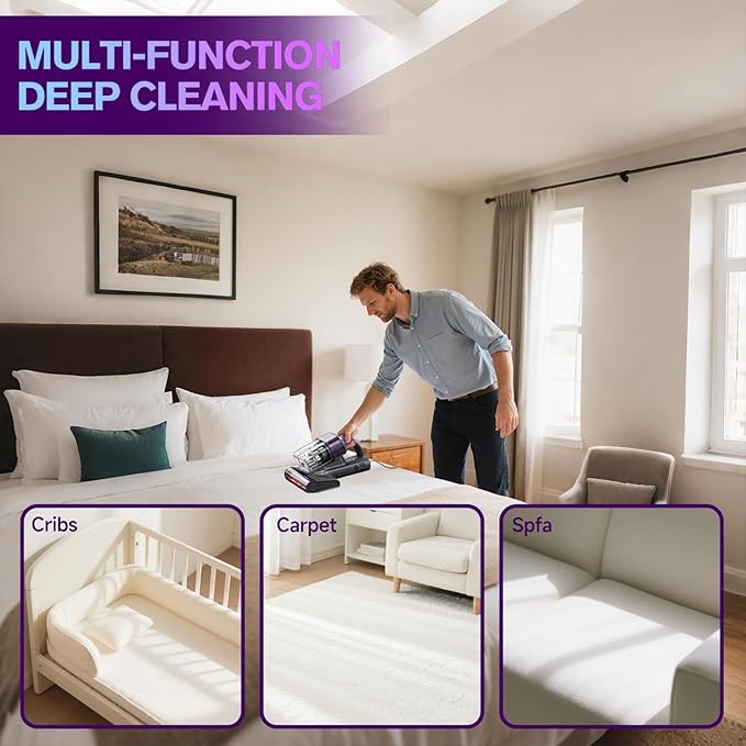 Mattress Vacuum Cleaner, Ultrasonic Bed Vacuum Cleaner with 18Kpa Strong Suction, 150°F Heat & 253.7nm UV-C Light, Intelligent Dual Cup, One-Click Dust Removal for Bed, Sofa, Pet Hair, Grey