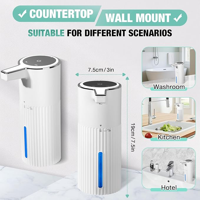 Automatic Soap Dispenser Foaming Touchless: 14oz Plastic - 4 Level Adjustable Wall Mount Foam Rechargeable Electric Auto Smart White Soap Dispenser - Bathroom Kitchen Hand Dish Lotion
