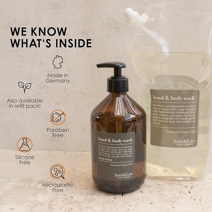 Jean & Len Hand & Body Wash Liquid, Spicy fresh scent Rosemary & Ginger, Hand and Body refillable Liquid, 100% vegan, without silicones, parabens and microplastics 16.9 Fl. Oz.