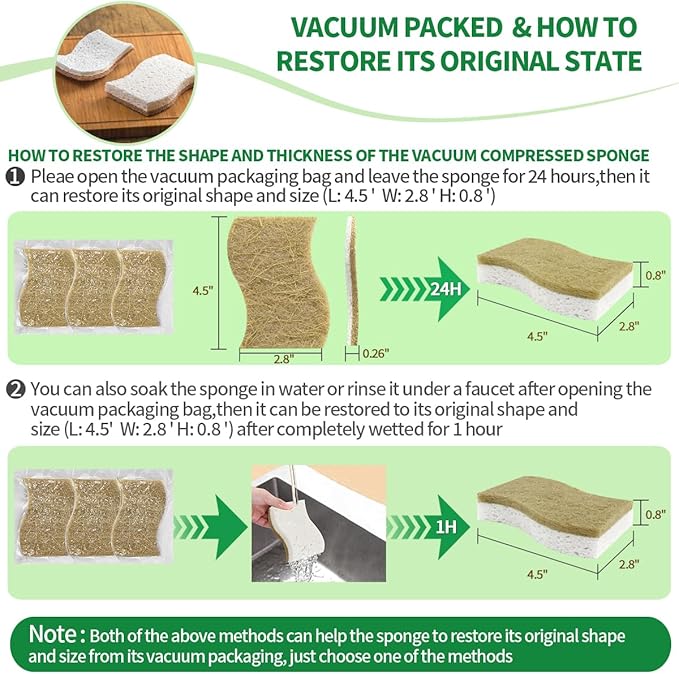 Sponges Kitchen Natural Dish Sponge Plant-Based Biodegradable Compostable Cellulose with Coconut Scrubber Sponge Non Scratch Eco Friendly Kitchen sponges for Kitchen Dishes(Pack of 12)