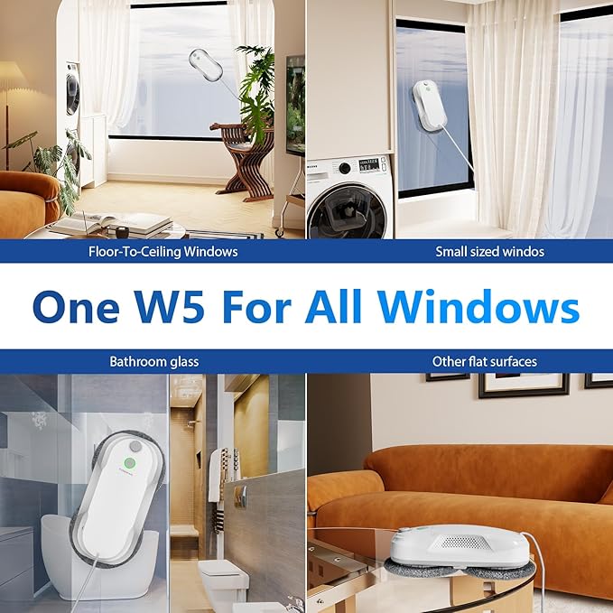 Tosima W5 Window Cleaning Robot, Dual Direction Auto-Spray Smart Window Cleaner with Triple Safety System, Smart Navigation, Remote Control, for All Smooth Surfaces, with 8 Rags (White)